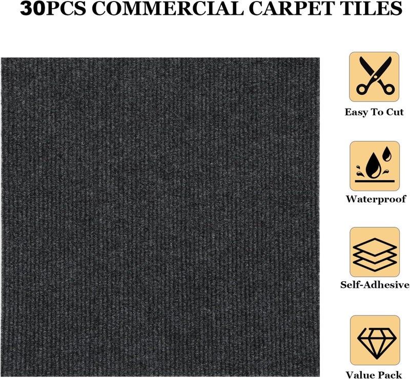 AKOLAFE 30PCS Peel and Stick Carpet Tiles 12”x12” Self Adhesive Carpet Squares for Basement Carpet for Concrete Floor Non Skid Black Carpet Tiles Clearance on Indoor Outdoor Carpets Squares Commercial - Image 4